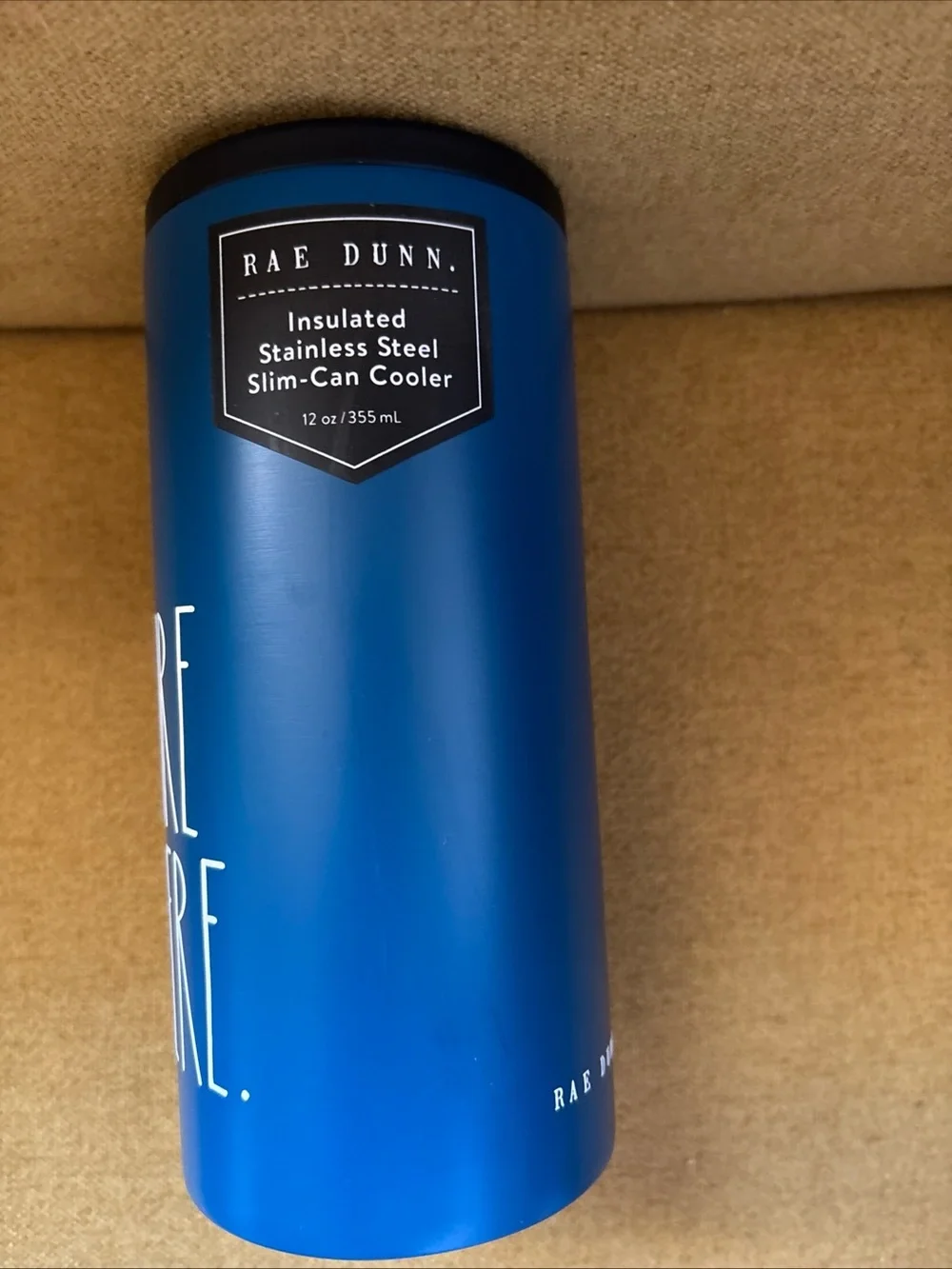 RAE DUNN “ADVENTURE IS OUT THERE” Slim-Can Cooler Stainless Steel 12oz BLUE -NEW